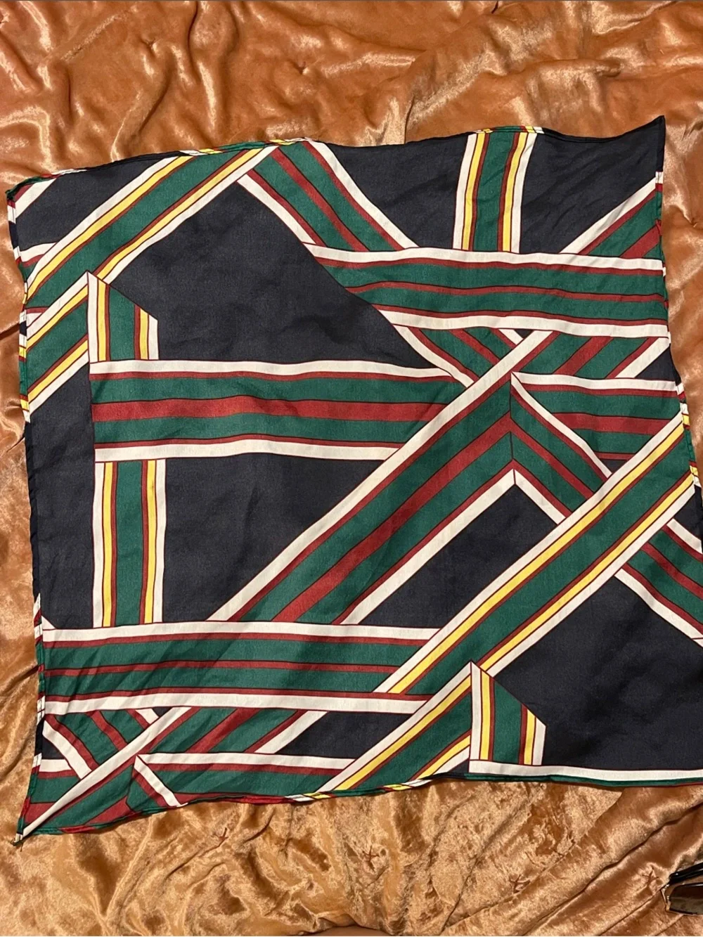 Authentic Vintage Giorgio Armani Silk Geometric Striped Square Scarf Navy